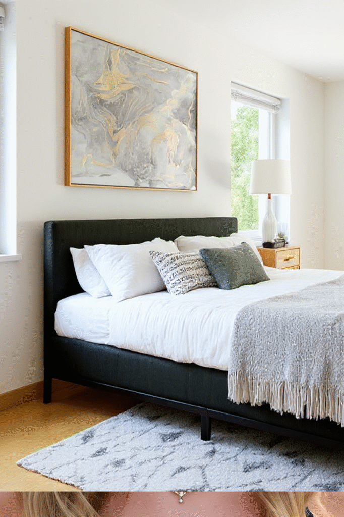 Modern bedroom styling with black bed frame and neutral palette in Irvine, Orange County, CA