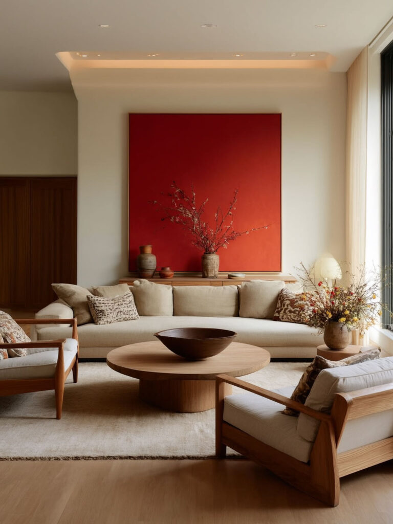 Warm minimalist living room interior design with bold red wall art in Laguna Beach, CA