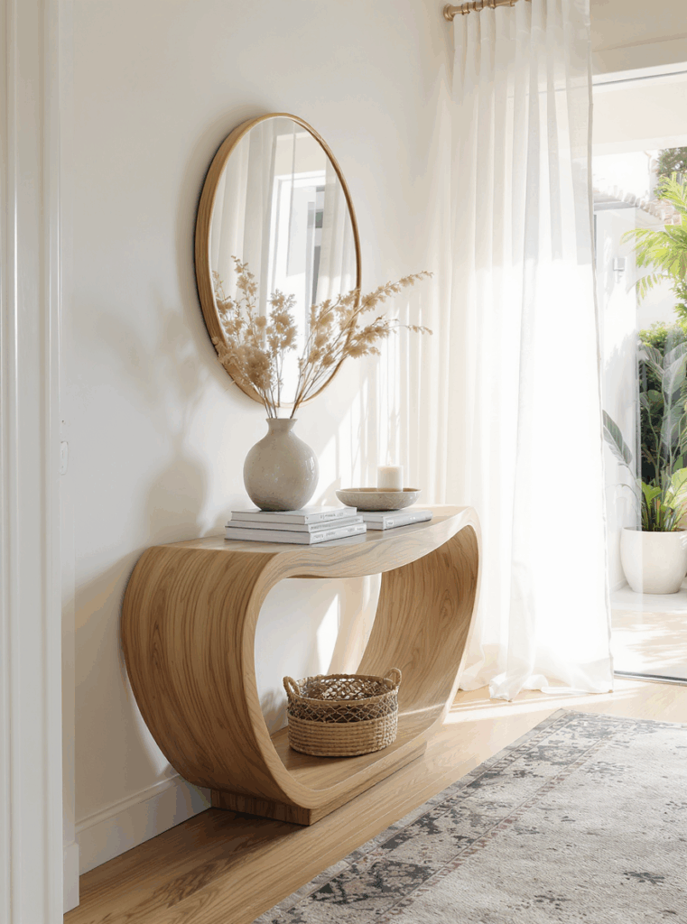 Modern entryway table and mirror for luxury home staging in Southern California